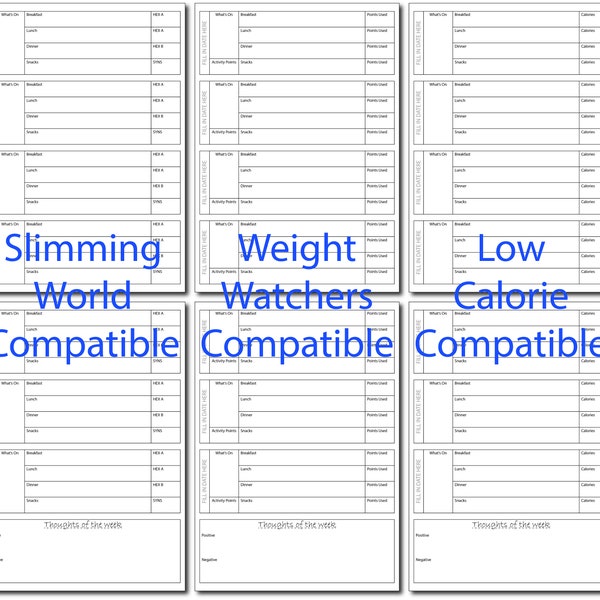 Printable Daily Food Diary Sliiming World Weight Watchers Calorie Control 7 days