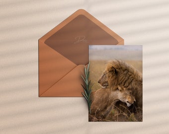 5X7 PRINTABLE Wildlife Greeting Card - Lions Love, Lion and Lioness Hug | Gift for Wedding, Animal Photography ,African Safari, Leo Birthday