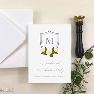 Pink Roses Thank You Note | Floral Monogrammed Thank You Cards | Wedding Thank You Note