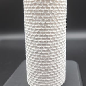 May include: A cylindrical, white object with a textured, brick-like pattern. The object is standing upright on a dark surface, and the background is a solid, dark gray. The texture gives the object a unique, tactile appearance.