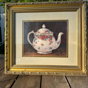 Framed Barbara Mock Teapot Print – Vintage Floral Teapot Art in Ornate Gold Frame – Cottagecore Kitchen Wall Decor