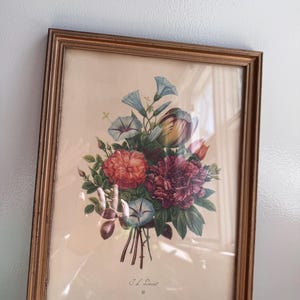 Vintage J.L. Prevost Floral Botanical Print in Gold Frame | Antique French Flower Still Life Art | Victorian-Style Wall Decor