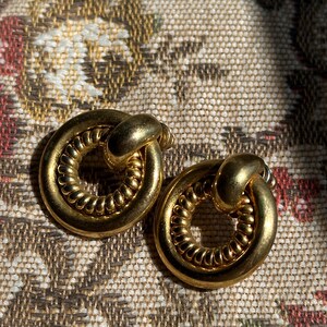 Vintage Gold-Tone Twisted Rope Double Hoop Earrings | Door Knocker Style Earrings | Pierced Earrings