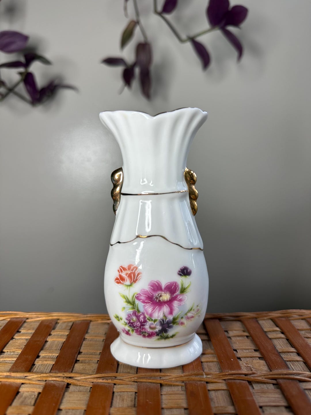 Mini Vintage Porcelain Bud Vase Hand-painted Floral Gold Trim Romantic ...