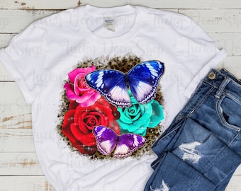 Butterfly & Roses PNG: Blue Floral Sublimation Design (Digital Download)
