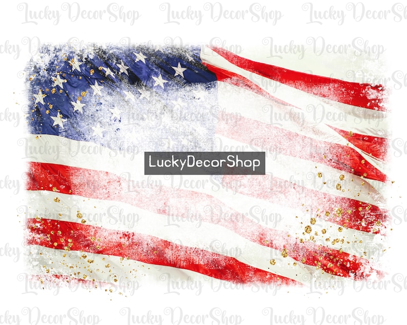 May include: A distressed American flag with gold glitter accents. The flag is waving in the wind and has a white background.