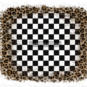 Op de afbeelding: Een zwart-wit geruit patroon met een bruine luipaardprint rand. Het geruite patroon heeft een verweerde, vintage look.