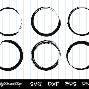 May include: Six black brushstroke circle frames on a white grid background. The frames are different sizes and have a rough, textured look.