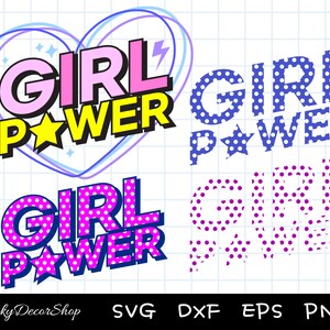 May include: Four different designs of the phrase "Girl Power" in pink, blue, and yellow with white polka dots. The designs are in a comic book style with a star and lightning bolt.