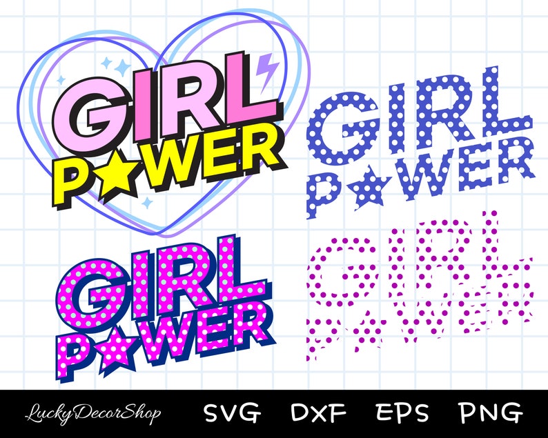 May include: Four different designs of the phrase "Girl Power" in pink, blue, and yellow with white polka dots. The designs are in a comic book style with a star and lightning bolt.