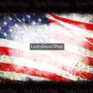 May include: A distressed American flag with gold glitter accents. The flag is faded and has a grunge texture. The text "Lucky Decor Shop" is visible in the center of the image.