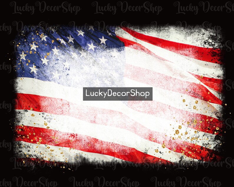 May include: A distressed American flag with gold glitter accents. The flag is faded and has a grunge texture. The text "Lucky Decor Shop" is visible in the center of the image.
