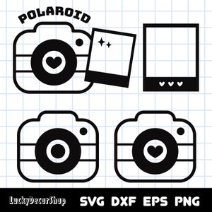 May include: Black and white illustration of four different camera designs. The top left camera has the word "POLAROID" above it. The top right camera is a blank frame with four hearts at the bottom. The bottom two cameras are simple designs with a heart in the center of the lens.
