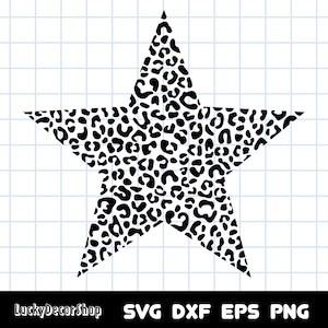 May include: A black and white star-shaped design with a leopard print pattern.