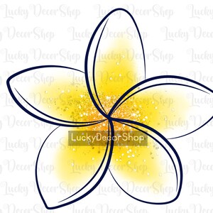 May include: A yellow and white plumeria flower with a glitter texture. The flower is outlined in black and has five petals.