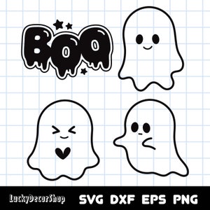 May include: A set of four black and white ghost illustrations. The ghosts have different facial expressions and one has a heart. The word "BOO" is written in black with dripping letters and stars.