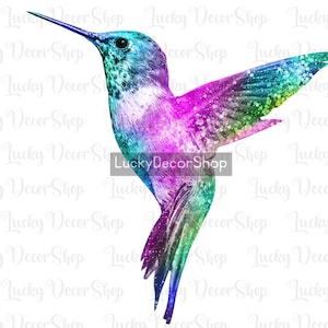 Puede incluir: Un colibr&iacute; colorido con plumas iridiscentes azules, verdes y rosas. El colibr&iacute; est&aacute; representado en un estilo acuarela con un efecto brillante.