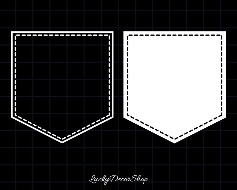 May include: Two white outlined pocket shapes on a black grid background. The pocket shapes are stitched with a dashed line. The text "Lucky Decor Shop" is at the bottom of the image.