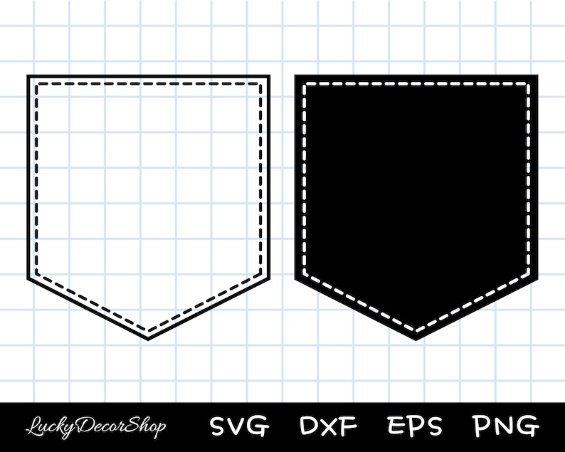 May include: Two black and white images of a stitched pocket shape. The pocket shape is a rounded rectangle with a pointed bottom.