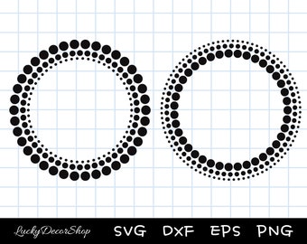 May include: Two black and white circle frames made of dots. The frames are on a white background with a grid pattern.