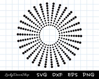 May include: Black circular design composed of evenly spaced dots, resembling a sunburst or stylized flower. The design is centered on a grid background. The text "Lucky DecorShop" and file type abbreviations are at the bottom.