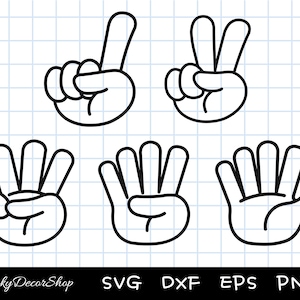 Conteggio delle dita SVG, conteggio delle mani SVG, segno della pace con la mano, gesto della mano svg, clipart della mano, file di taglio per Silhouette Cricut, Dxf, Png, Eps