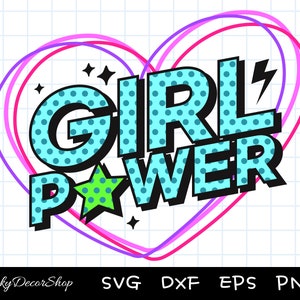 May include: Girl Power in a blue and black font with white polka dots, surrounded by a pink and purple heart shape. The word "Girl" is in a larger font than the word "Power".