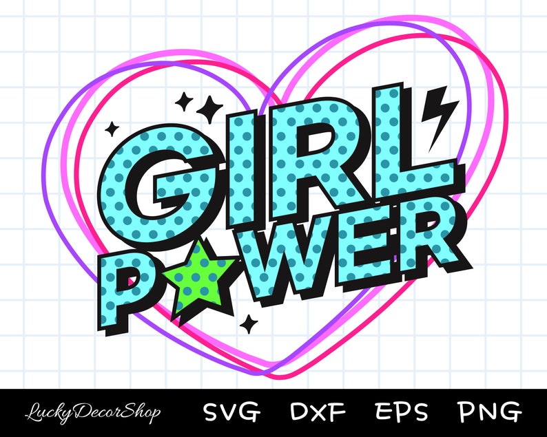 May include: Girl Power in a blue and black font with white polka dots, surrounded by a pink and purple heart shape. The word "Girl" is in a larger font than the word "Power".