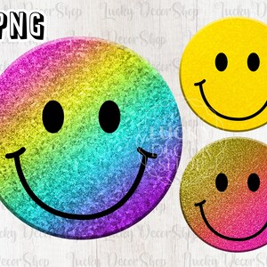 May include: Three digital clipart images of smiley faces with glitter textures. The first smiley face is rainbow colored, the second is yellow, and the third is a gradient of pink, orange, and yellow.