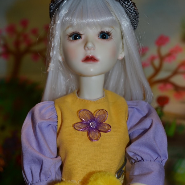 Doll clothes homemade. BJD Lavender skirt and blouse with small newsboy's hat.