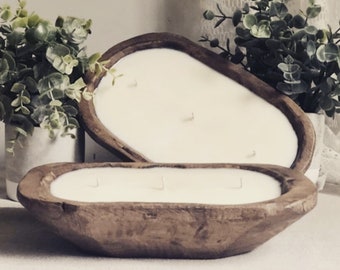 Two Hand carved natural finish Dough Bowl Candles /Wood Dough Bowl/Natural Soy Wax Candles/ Farmhouse Decor/ Reusable Wood/ Clean burn scent