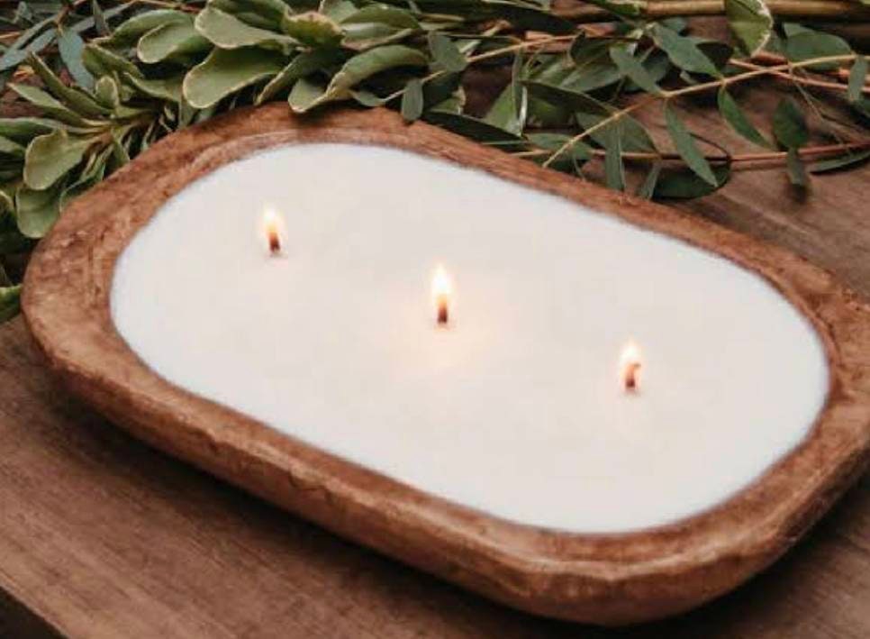 Wooden Dough Bowl Waxed Candle Boat 10 inches