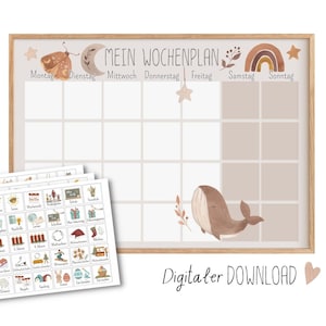 Plano semanal Boho para as crianças imprimirem, download digital dos cartões de rotina Montessori