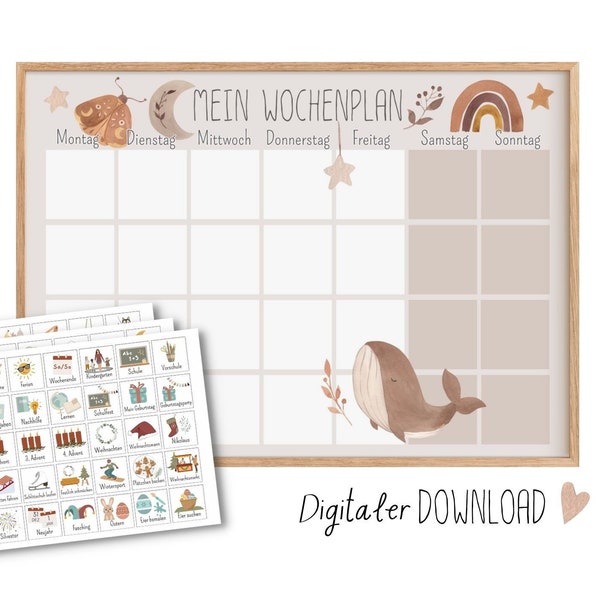 Wochenplan Boho für Kinder zum Ausdrucken, Montessori Routinekarten digitaler Download