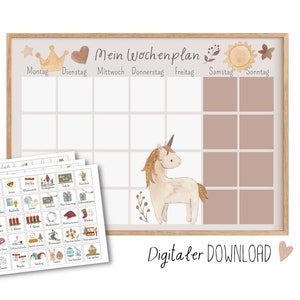 Plano semanal de unicórnio para crianças imprimirem, download digital de cartões de rotina Montessori
