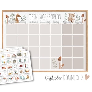 Plano florestal semanal para as crianças imprimirem, download digital dos cartões de rotina Montessori