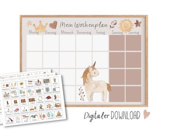 Unicorn weekly plan for children to print out, Montessori routine cards digital download
