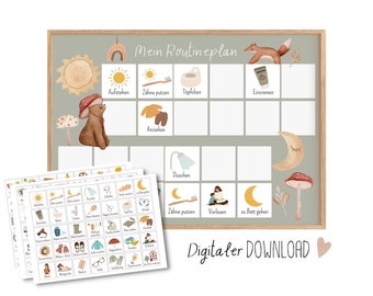 May include: A printable routine chart for children featuring a green background with illustrations of a bear, a fox, a moon, a sun, and mushrooms. The chart is divided into sections with German text for daily activities such as "Aufstehen" (Get up), "Zahne putzen" (Brush teeth), "Tapfchen" (Toilet), "Eincremen" (Apply lotion), "Anziehen" (Get dressed), "Duschen" (Shower), "Vorlesen" (Read aloud), and "zu Bett gehen" (Go to bed).