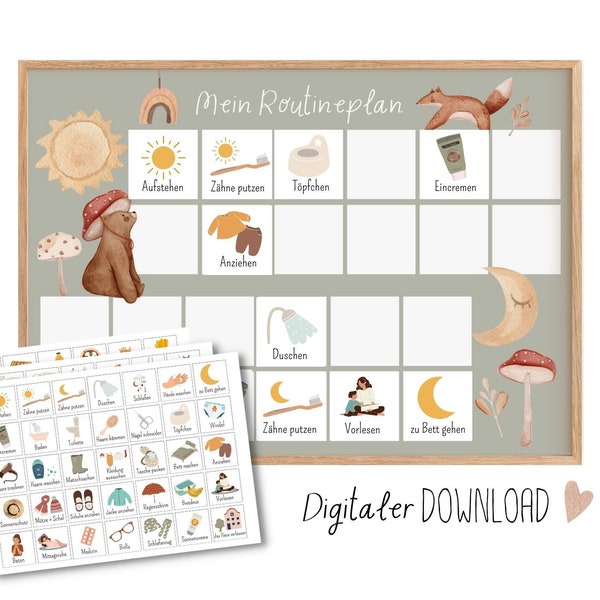 Ochtend- en avondroutine voor kinderen om uit te printen, routineplan boho bos, Montessori routinekaarten digitale download