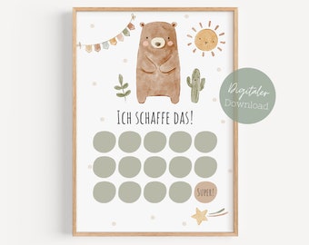 Reward chart for children "Bear" to print out, reward system, child reward plan, I can do it, potty training, DIN A4 download