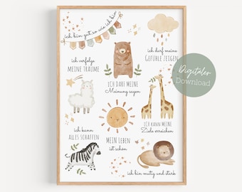 May include: A framed print with watercolor illustrations of animals, including a bear, giraffe, lion, and zebra. The print features text in German, with phrases like "I follow my dreams" and "My life is beautiful."