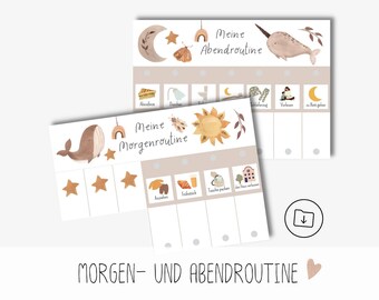 May include: Two printable charts with illustrations for a morning and evening routine. The morning chart features a whale and the evening chart features a narwhal. Both charts have a space for 5 activities with a star for each activity.