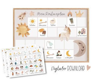 May include: A wooden-framed routine chart with watercolor illustrations of daily activities, including a sun, unicorn, and moon. The chart includes the text "Mein Routineplan" and "Digitaler DOWNLOAD". Additional cards with activity icons are included.