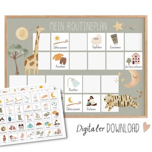 Routine mattutina e serale da stampare per i bambini, piano di routine giungla, download digitale delle carte di routine Montessori