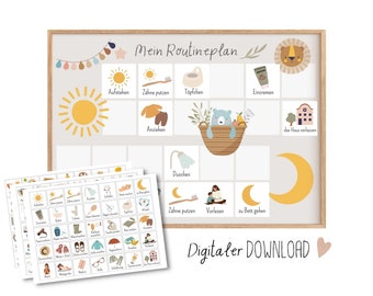 May include: A printable routine chart for children with a light gray background and colorful illustrations. The chart includes activities like getting dressed, brushing teeth, taking a bath, and going to bed. The text on the chart reads "Mein Routineplan" and "Digitaler DOWNLOAD".