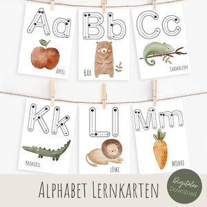 Tarjetas de aprendizaje del alfabeto para imprimir en pdf, primera escritura, calco, calco, tarjetas de letras Montessori, tarjetas didácticas