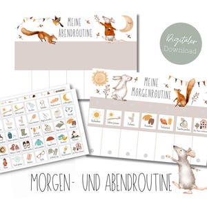 Routine mattutina e serale da stampare per i bambini, piano di routine animali della foresta boho, download digitale di carte di routine Montessori
