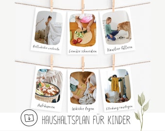 May include: A series of six photographs clipped to a string with wooden clothespins. Each photo depicts a different chore, such as changing bedding, cutting vegetables, and feeding a pet. The text "HAUSHALTSPLAN FÜR KINDER" is at the bottom.