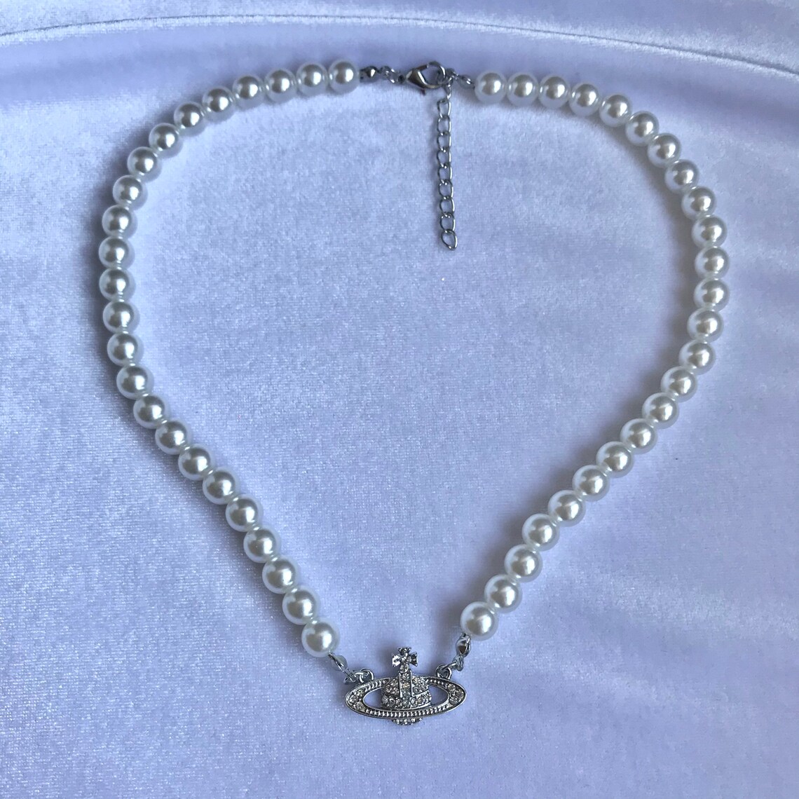 Y2K Rhinestone Silver Saturn Charm Pearl Choker Necklace Etsy