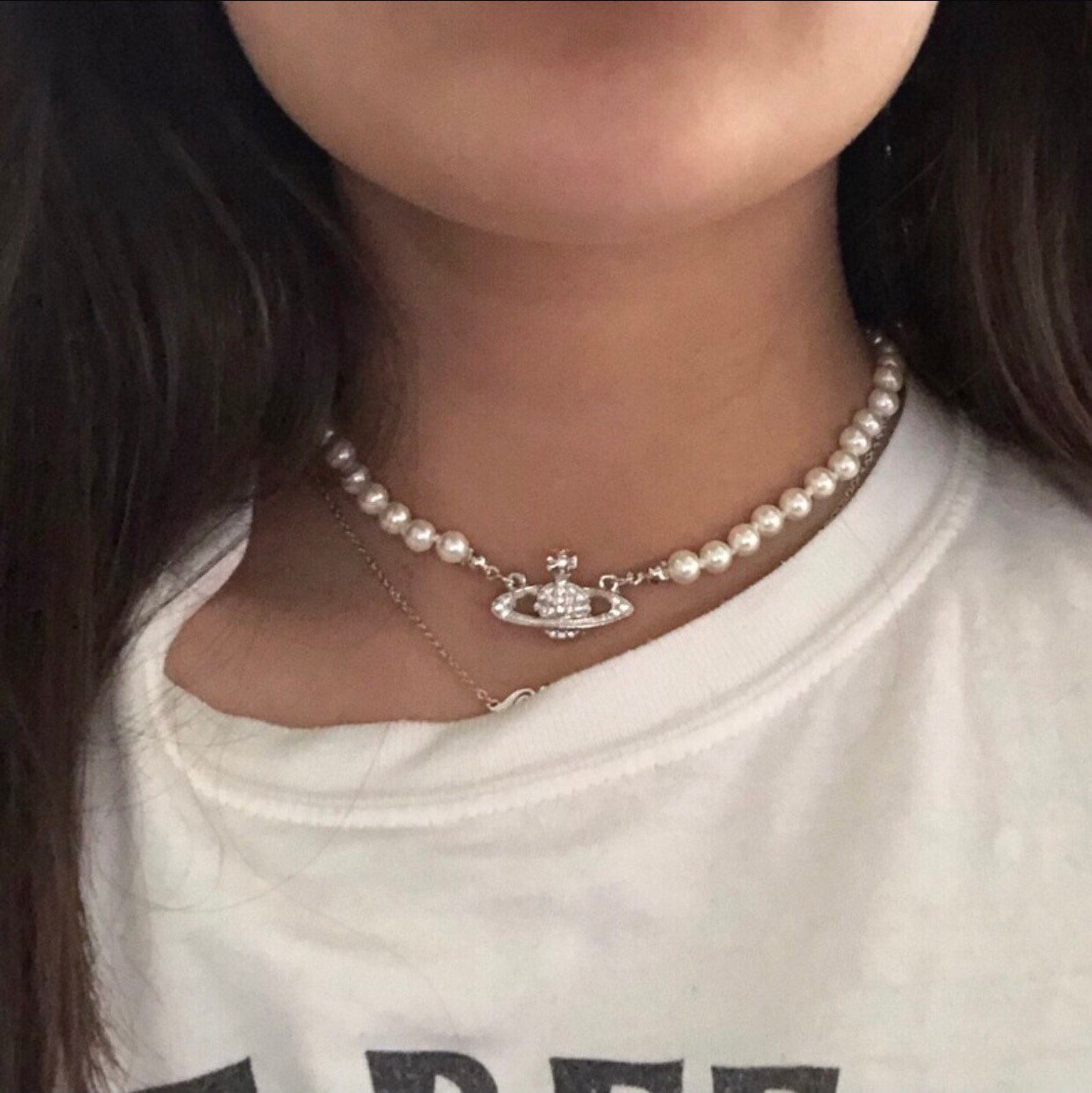Y2K Rhinestone Silver Saturn Charm Pearl Choker Necklace Etsy